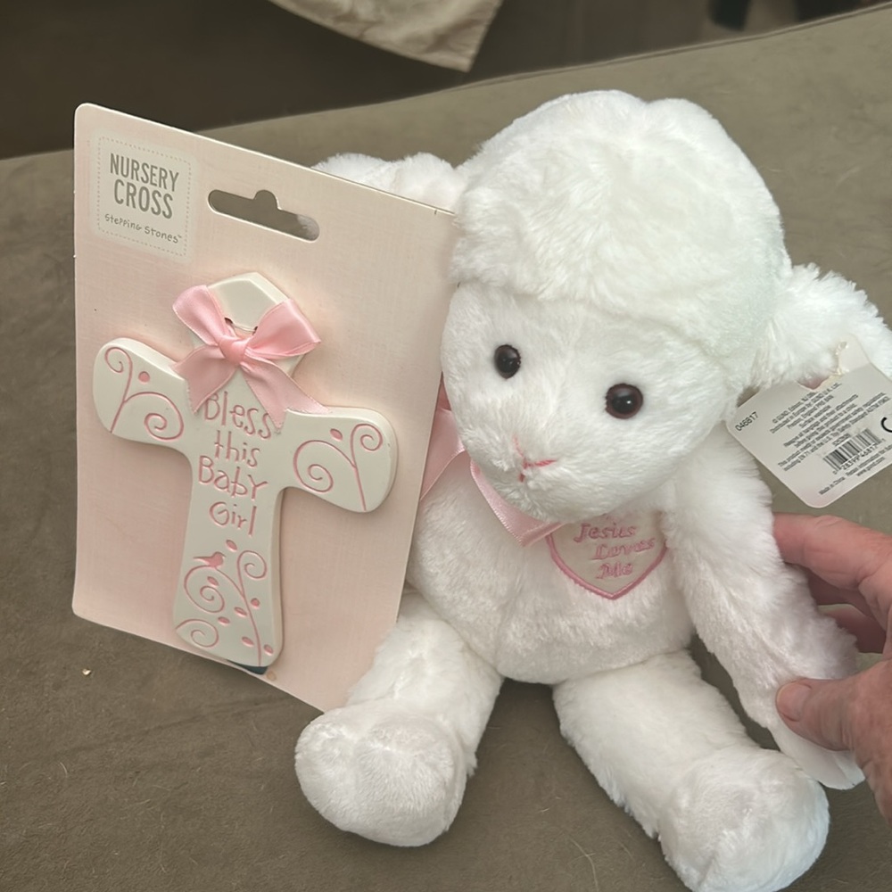 New Gund baby lamb stuffed animal and Bless this Baby Girl cross